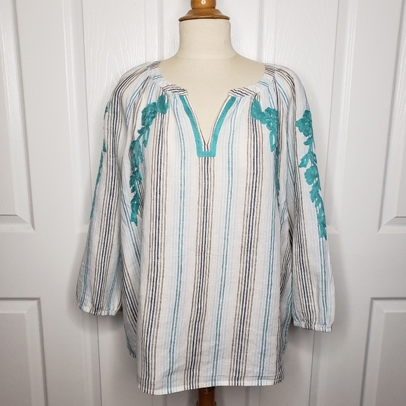 J Jill Love Linen Popover Top Embroidery M 100% Linen Raglan Sleeves Split Neck - Picture 8 of 13